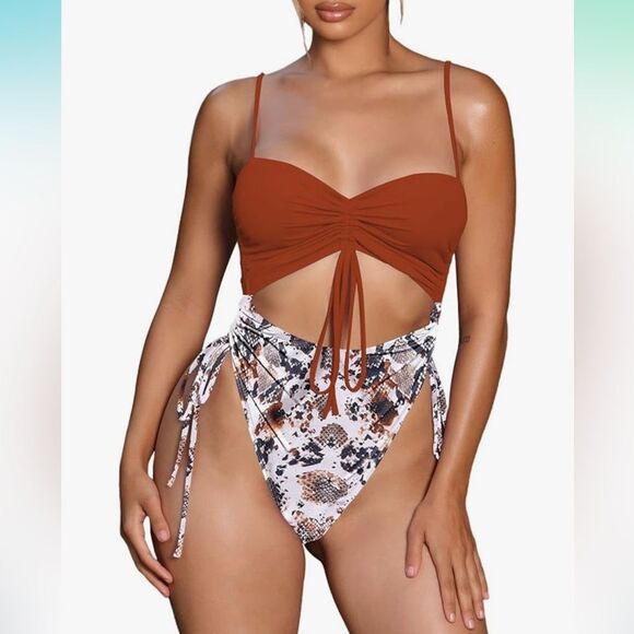 Women's Cut Out Drawstring One Piece Swimsuit Cheeky High Cut Bathing Suit - Picture 1 of 5